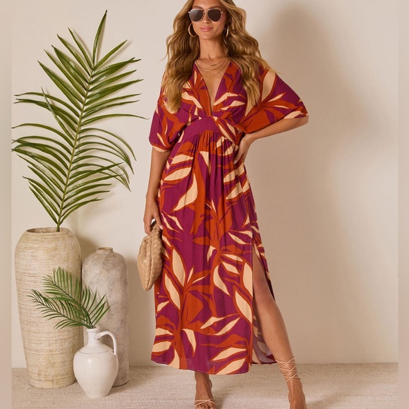 Vici - Erin Printed Kimono Sleeve Maxi Dress - Tropical Wine - XL - Picture 1 of 7